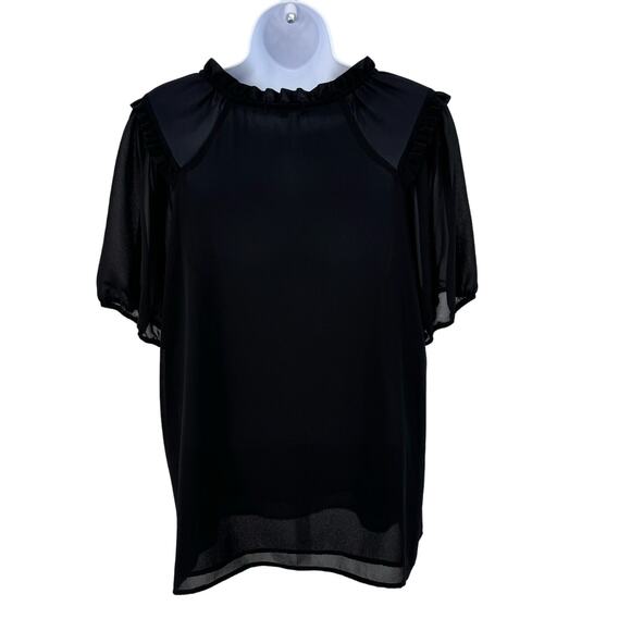 Pleione Black Chiffon Blouse Top Womens XL Ruffle Collar Tie Front Short Sleeve - Picture 8 of 12